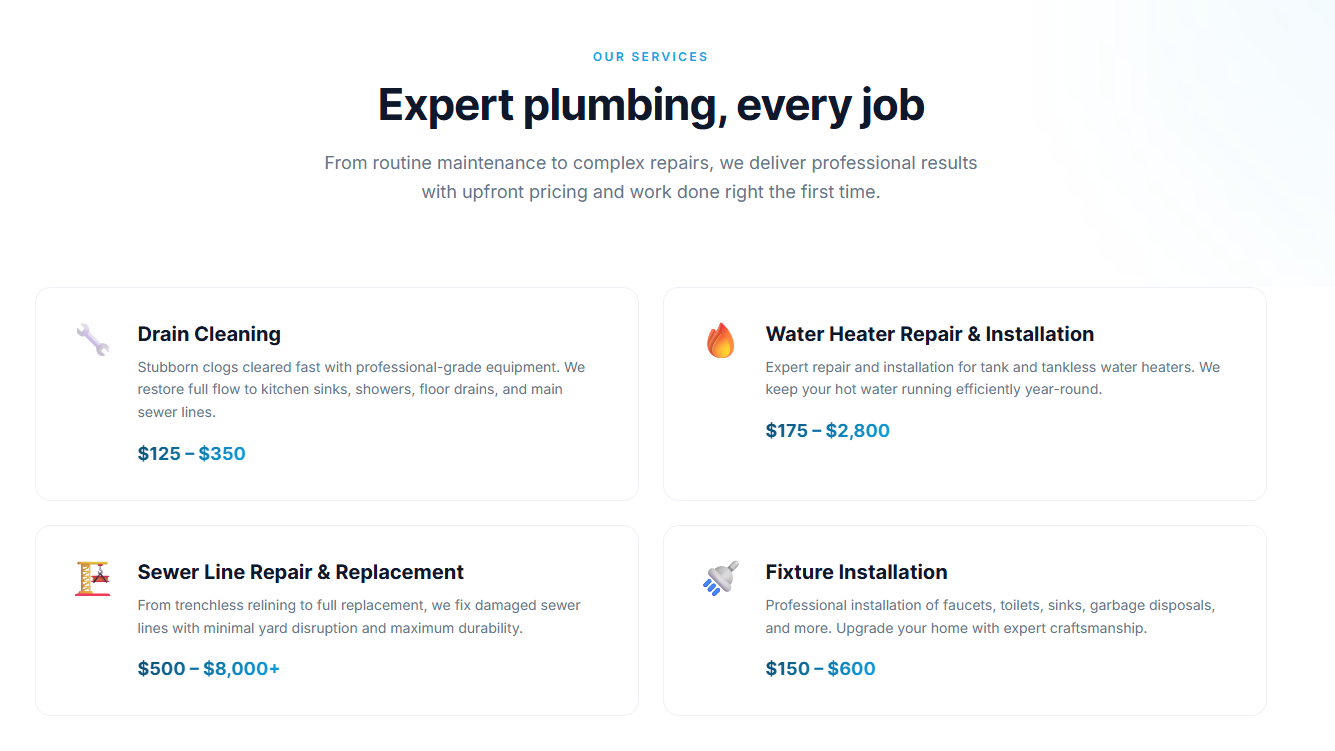 Arcune Plumbing services and pricing section